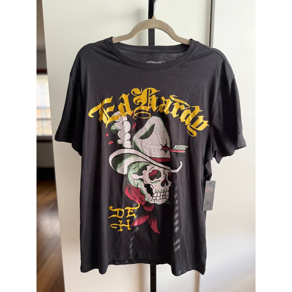 NWT Ed Hardy Men's Cowboy Skull Rhinestone Graphic T-Shirt - Size Medium - Black